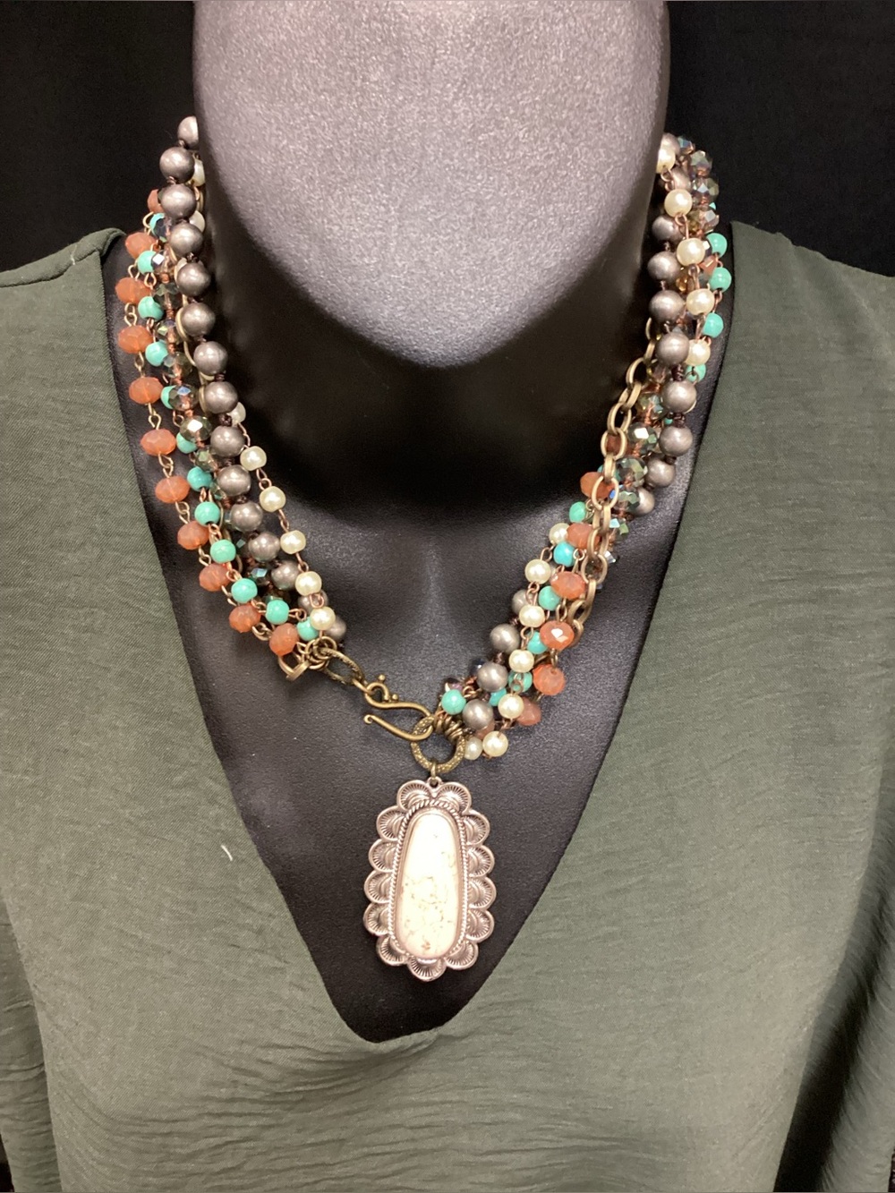 Multi-Strand Turquoise & Coral Beaded Statement Necklace with Pendant